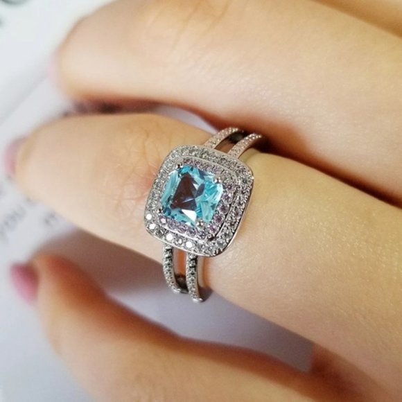 New Silver Blue Princess Cut Double Pink Halo Ring - Picture 4 of 5